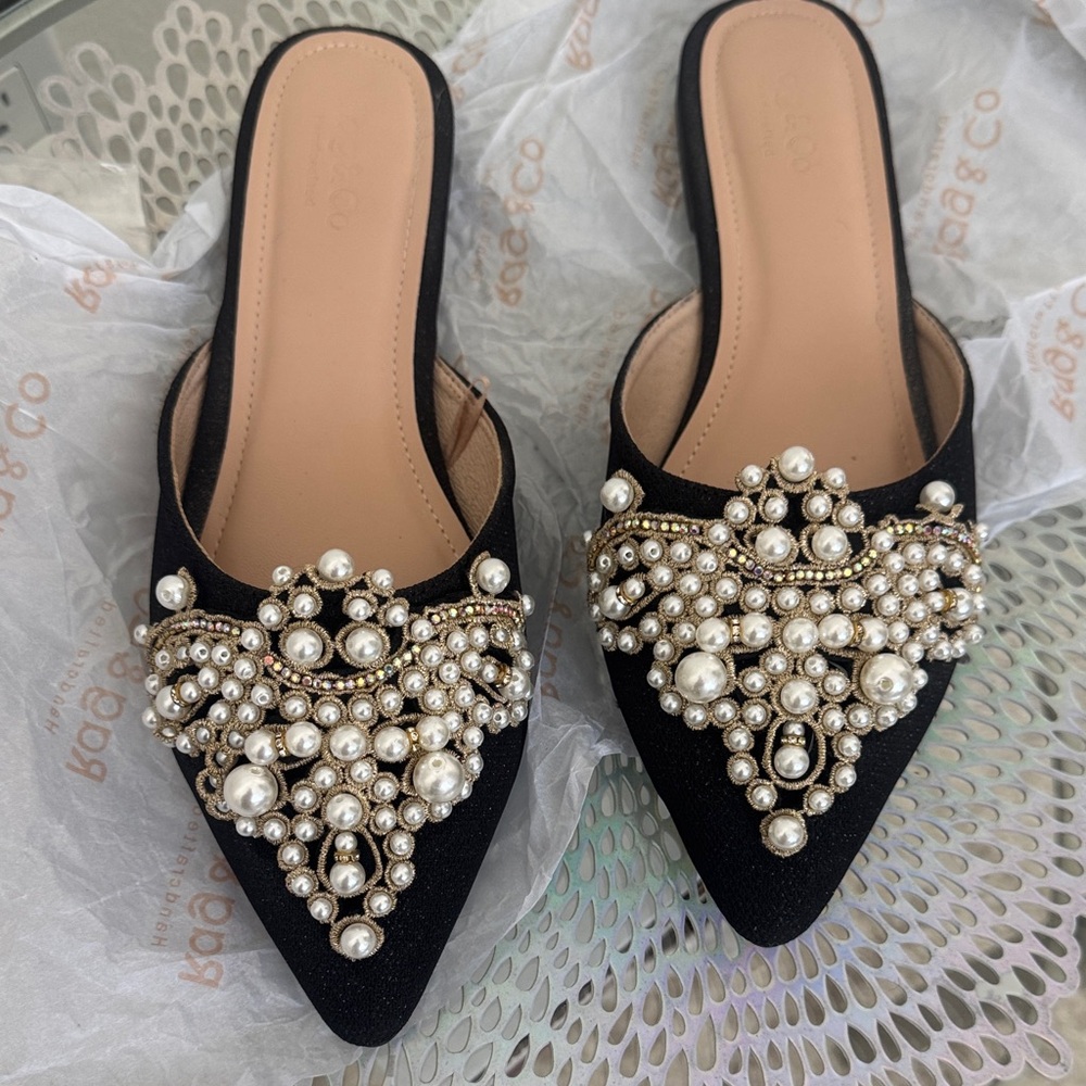 Luxurious Black astr Pearl Embellished Mules size 9 worn 1 x to a house party